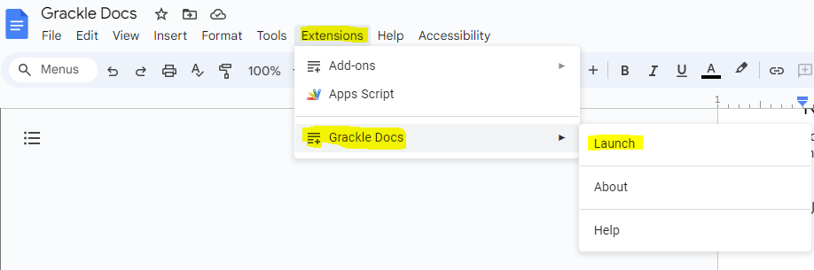 Grackle Docs under the Extensions tab in Google Docs