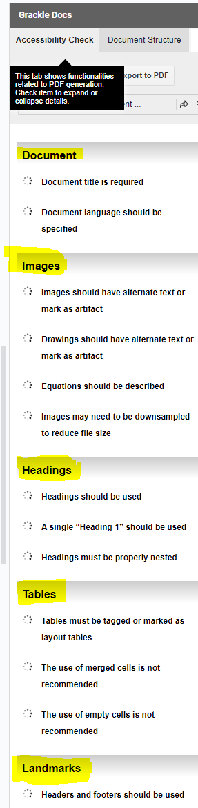 Example of sidebar showing various test results from Grackle Docs