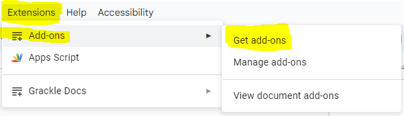 Get Add-ons under Extensions tab on Google Docs