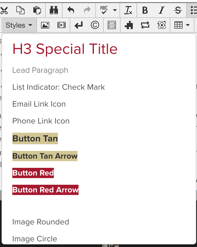 Styles dropdown in the OU Campus toolbar